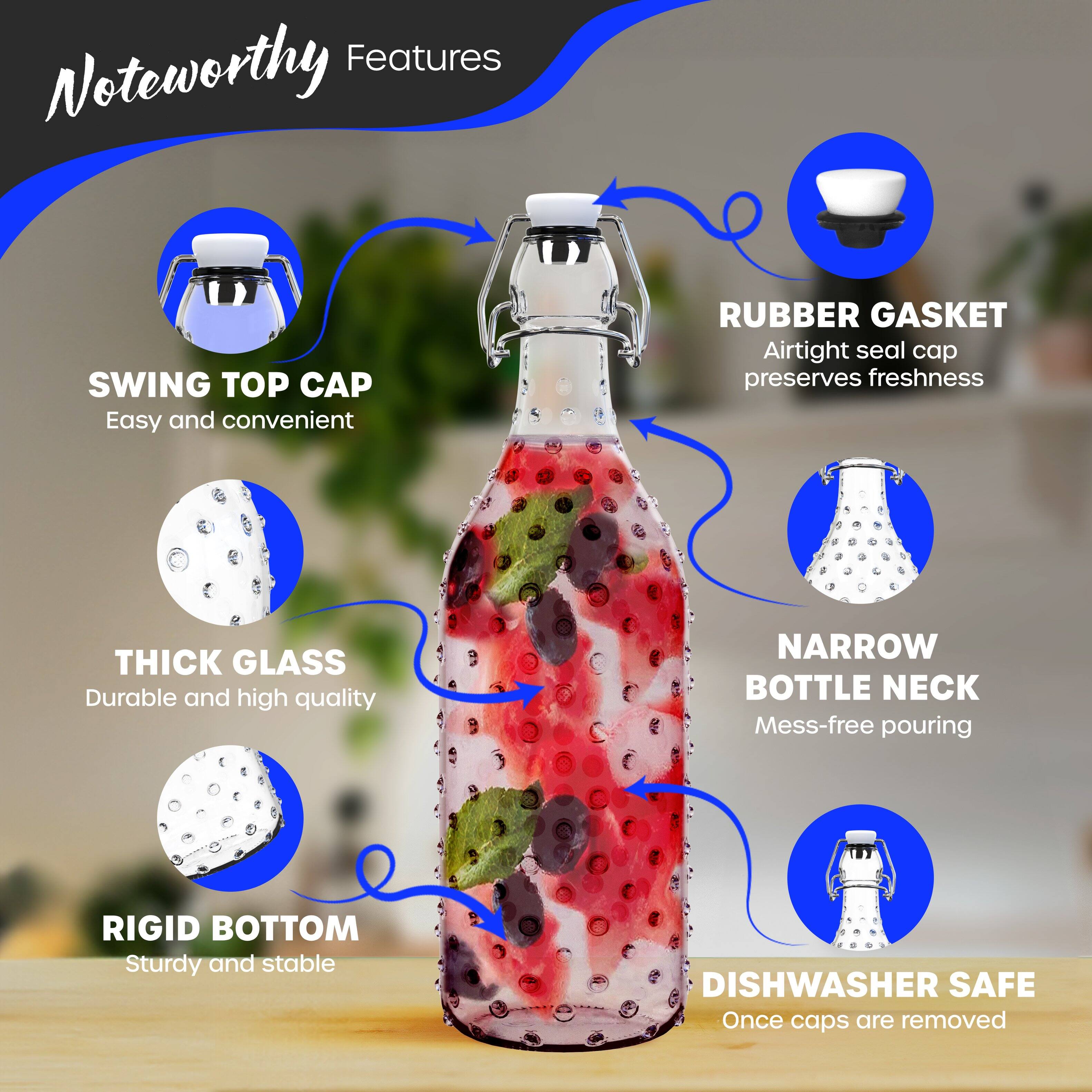 Noteworthy Features

- SWING TOP CAP
  - Easy and convenient

- RUBBER GASKET
  - Airtight seal cap preserves freshness

- THICK GLASS
  - Durable and high quality

- RIGID BOTTOM
  - Sturdy and stable

- NARROW BOTTLE NECK
  - Mess-free pouring

- DISHWASHER SAFE
  - Once caps are removed