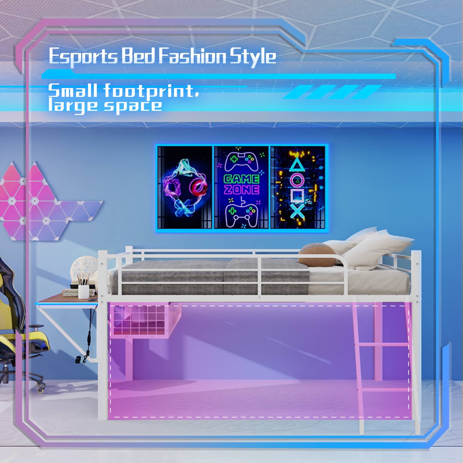 Esports Bed Fashion Style  
Small footprint, large space  
GAME ZONE