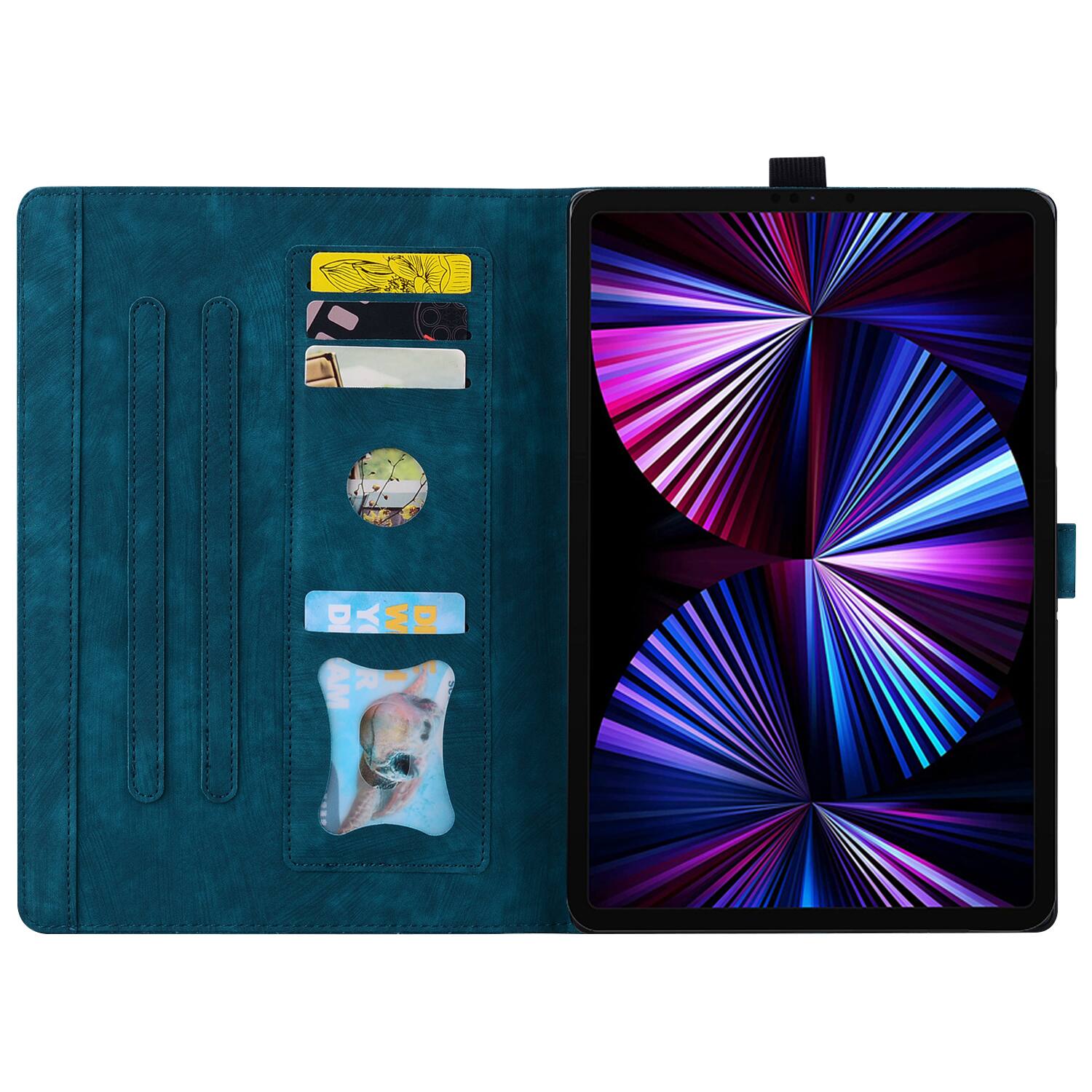 Left. Dteck - For Apple iPad (A16) 11" 2025/iPad 10th 2022 Embossed Flower Pattern Folio Case Card Slots Kickstand Cover - Blue.