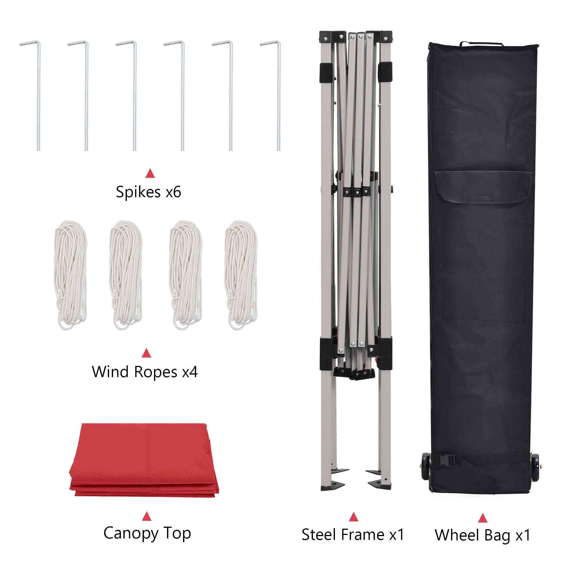 Spikes x6, Wind Ropes x4, Canopy Top, Steel Frame x1, Wheel Bag x1