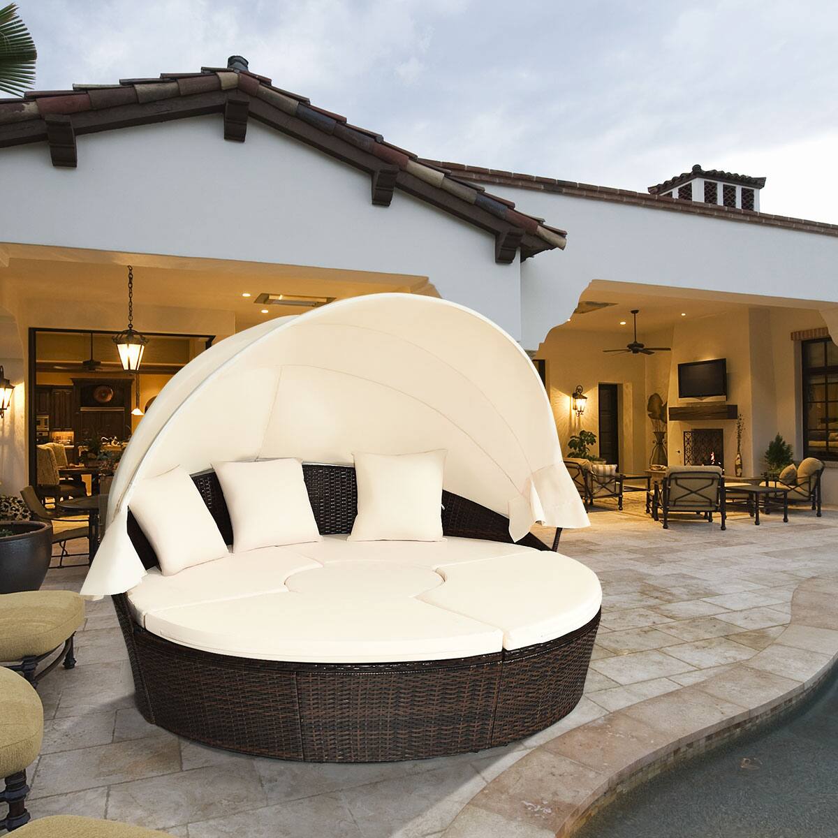 Alt View 2. Gymax - Gymax Cushioned Patio Rattan Round Daybed w/ Adjustable Table 3 Pillows Canopy - Brown.