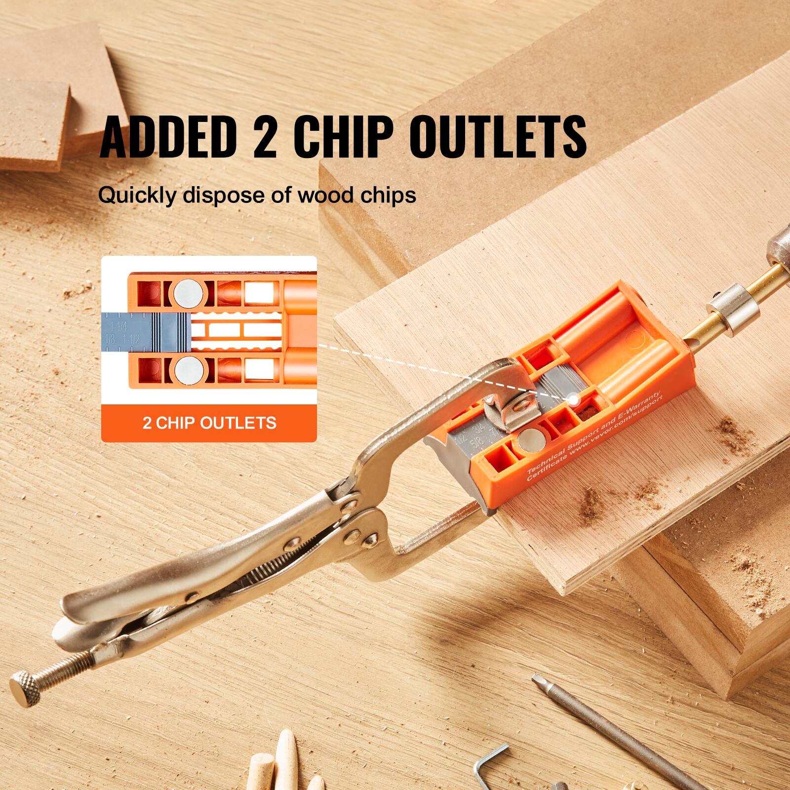 ADDED 2 CHIP OUTLETS  
Quickly dispose of wood chips  

2 CHIP OUTLETS