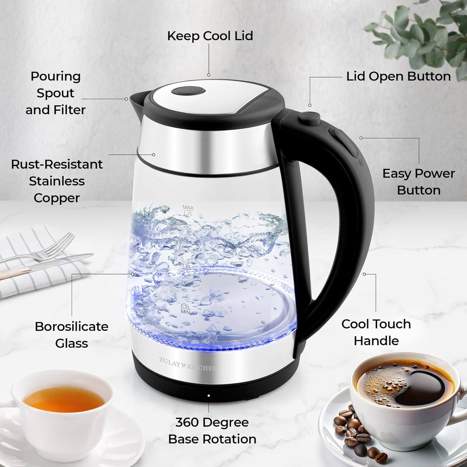 Keep Cool Lid, Pouring Spout and Filter, Lid Open Button, Rust-Resistant Stainless Copper, Easy Power Button, Borosilicate Glass, Cool Touch Handle, 360 Degree Base Rotation