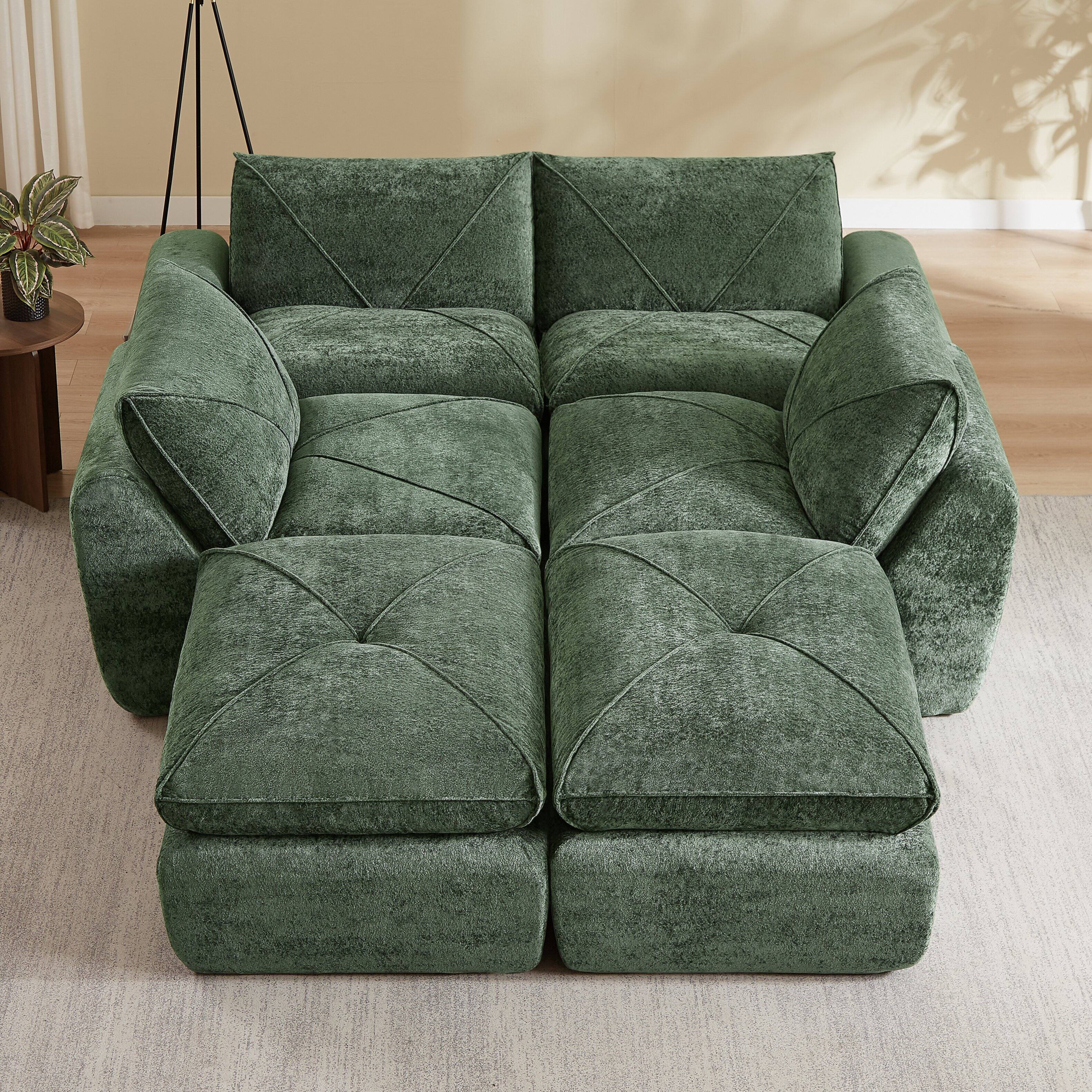 Back. Loheer - Loheer Large Living Room Sectional Chenille Sofa with Footrest 152 Inch Modern Modular Couch for Family - Green.