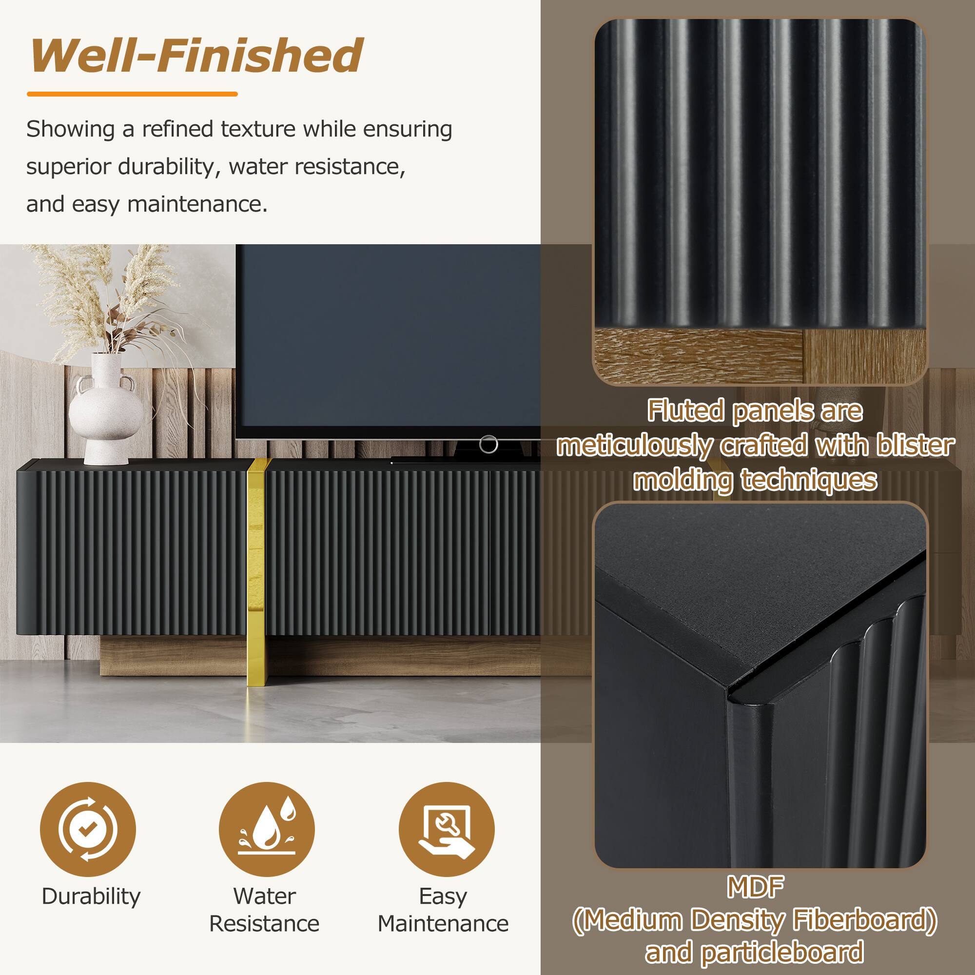 **Well-Finished**

Showing a refined texture while ensuring superior durability, water resistance, and easy maintenance.

Fluted panels are meticulously crafted with blister molding techniques.

- Durability
- Water Resistance
- Easy Maintenance

MDF (Medium Density Fiberboard) and particleboard