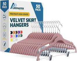 Lifemaster - Velvet Skirt Hangers – Adjustable Clips, Swivel Hook, Non-Slip Notch, Holds 10 lbs, Pack of 50 - Pink