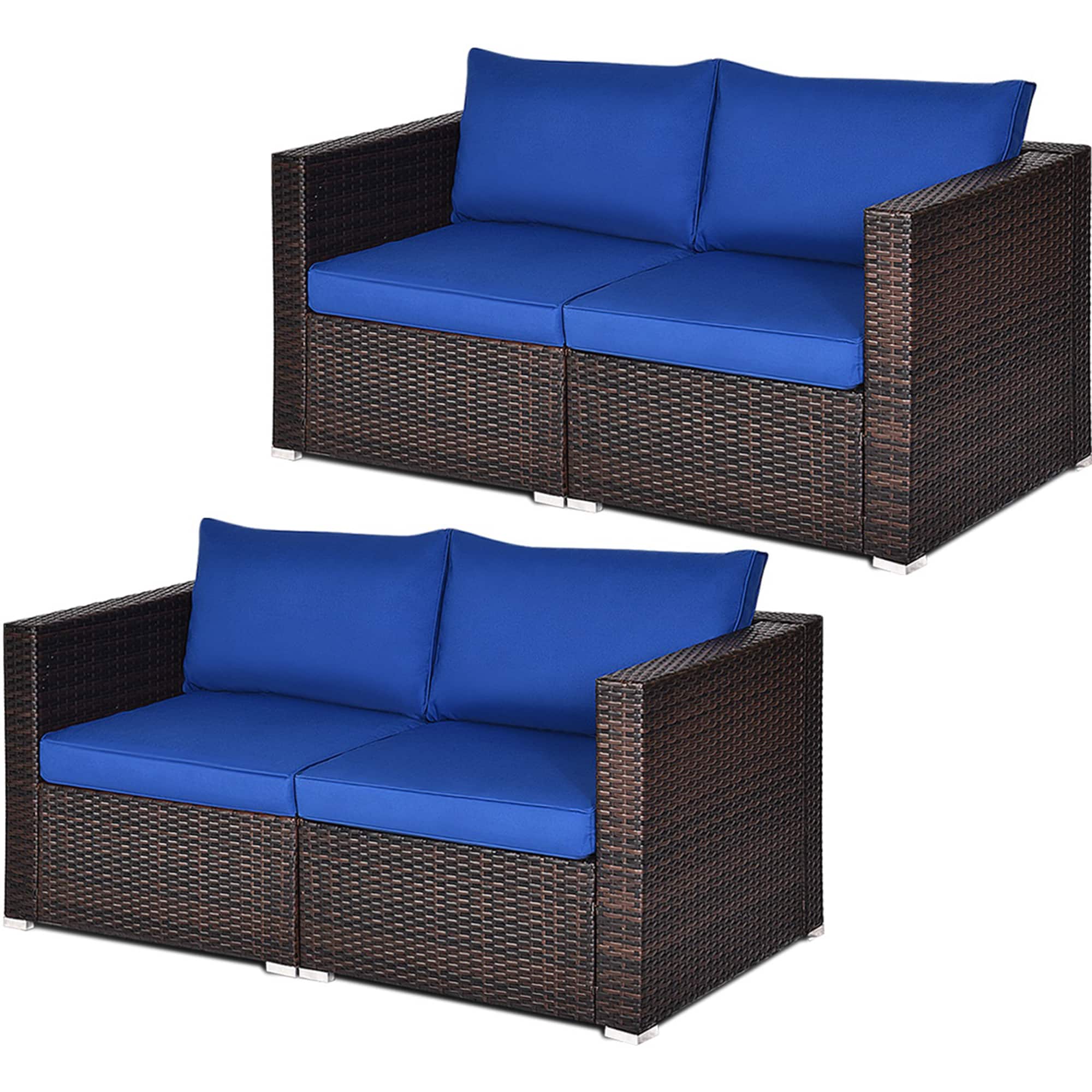 Gymax - 4PCS Rattan Corner Sofa Set Patio Outdoor Furniture Set w/ Cushions - Navy