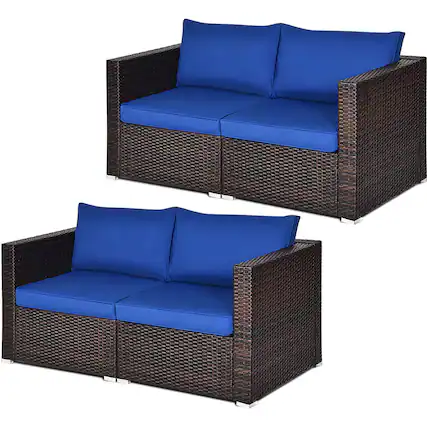 Front. Gymax - Gymax 4PCS Rattan Corner Sofa Set Patio Outdoor Furniture Set w/ Navy Cushions - Navy.