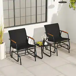 Gymax - 3 Piece Outdoor Gliding Set w/ Tempered Glass Coffee Table Teak Wood Armrests - Black