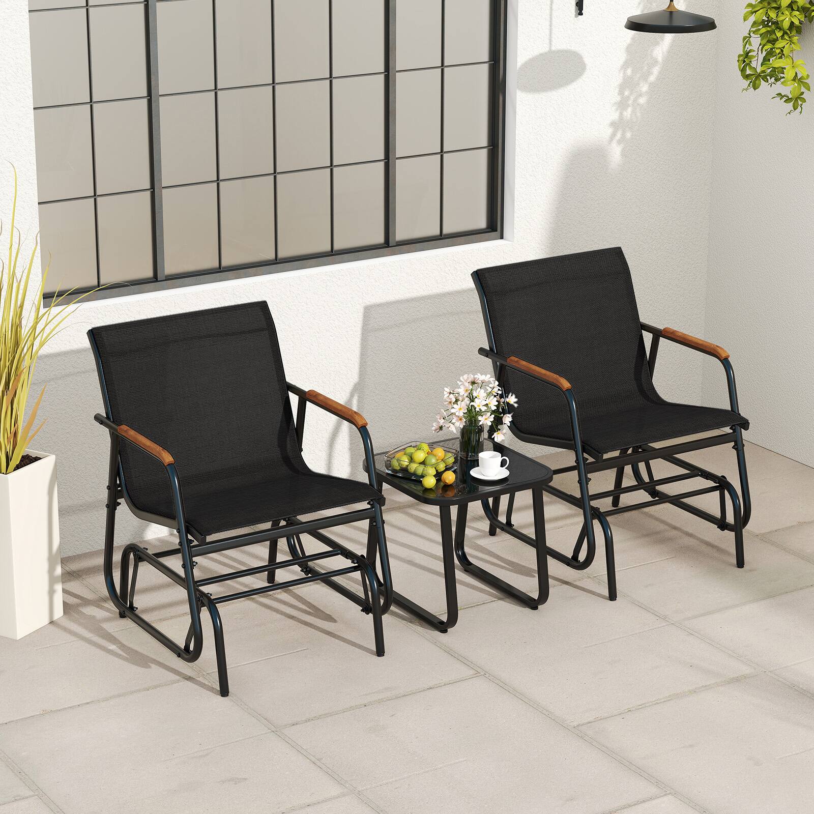 Gymax - 3 Piece Outdoor Gliding Set w/ Tempered Glass Coffee Table Teak Wood Armrests - Black