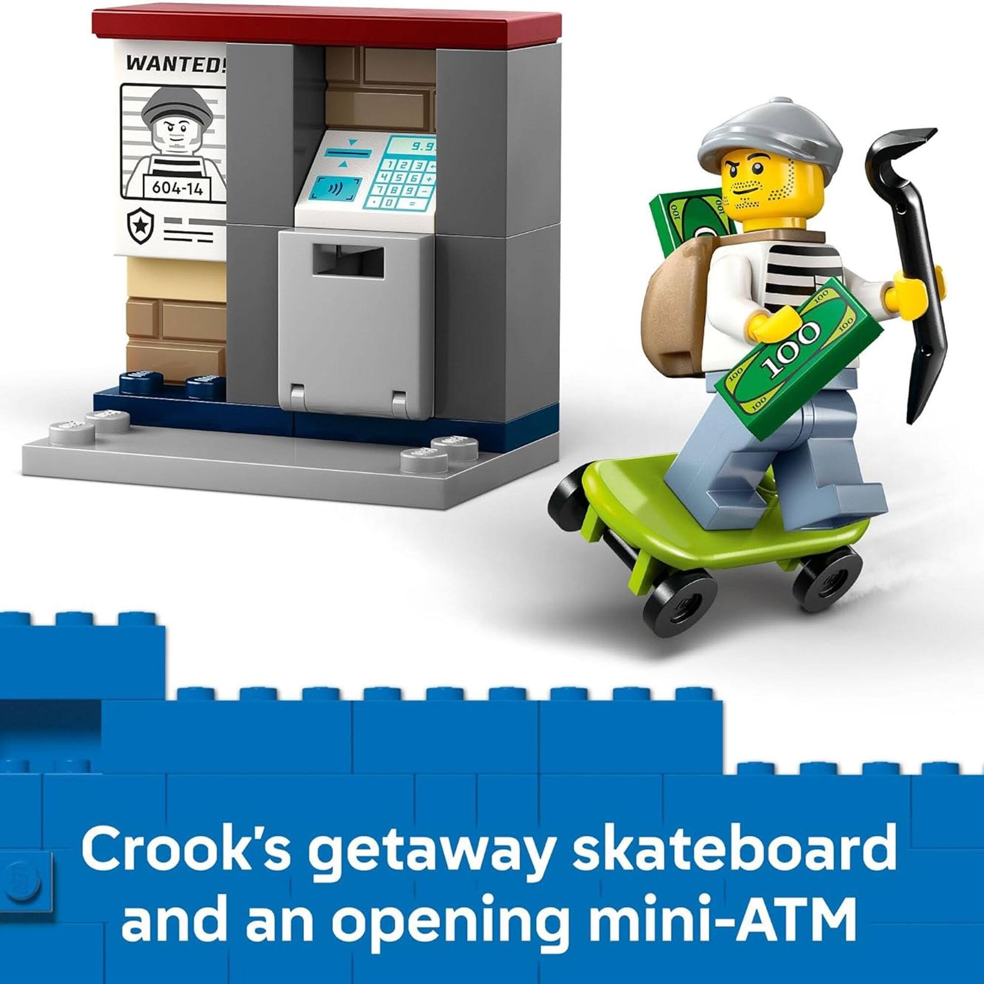 WANTED!  
604-14  

9.9  
123  
456  
789  
0  

Crook's getaway skateboard and an opening mini-ATM