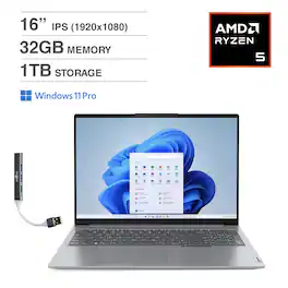 Lenovo - ThinkBook 16 Laptop 16.0 WUXGA (AMD Ryzen 5 7533HS, 32GB DDR5, 1TB M.2 PCIe SSD, Win 11 Pro) w/USB Hub - Arctic Grey