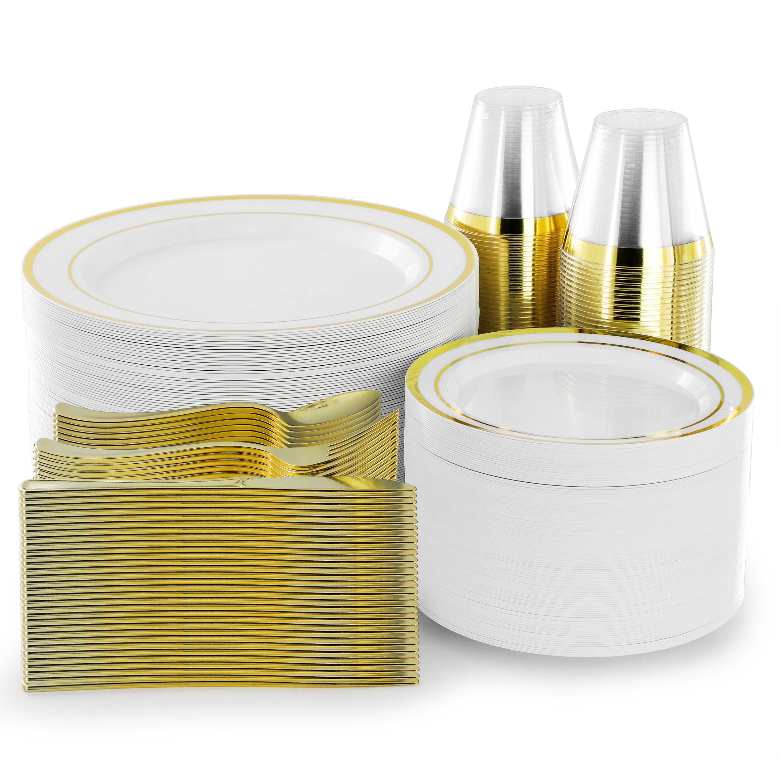 Alt View 7. Elama - Elama 600 Piece Disposable Plastic Dinnerware Party Set for 100 Guests in White with Gold Trim - White.