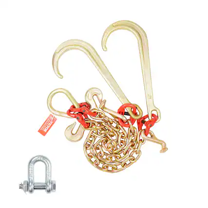 Front. VEVOR - G80 V Bridle Chain, 3/8" x 2' Towing Chain Bridle with 15" J Hooks, T Hooks & Grab Hooks, Heavy Duty Transport Tow Chain - Copper.