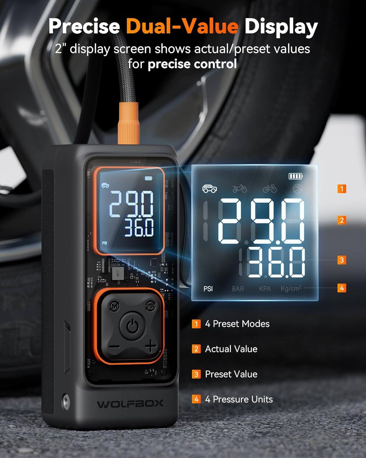 Precise Dual-Value Display  
2" display screen shows actual/preset values for precise control  

TE 290  
36.0 PSI  

12.90  
860 PSI BAR  
Kg/cm²  

1 2 3 4  
M PS  

1 4 Preset Modes  
+ 0558  
2 Actual Value  
3 Preset Value  

WOLFBOX  
4 4 Pressure Units