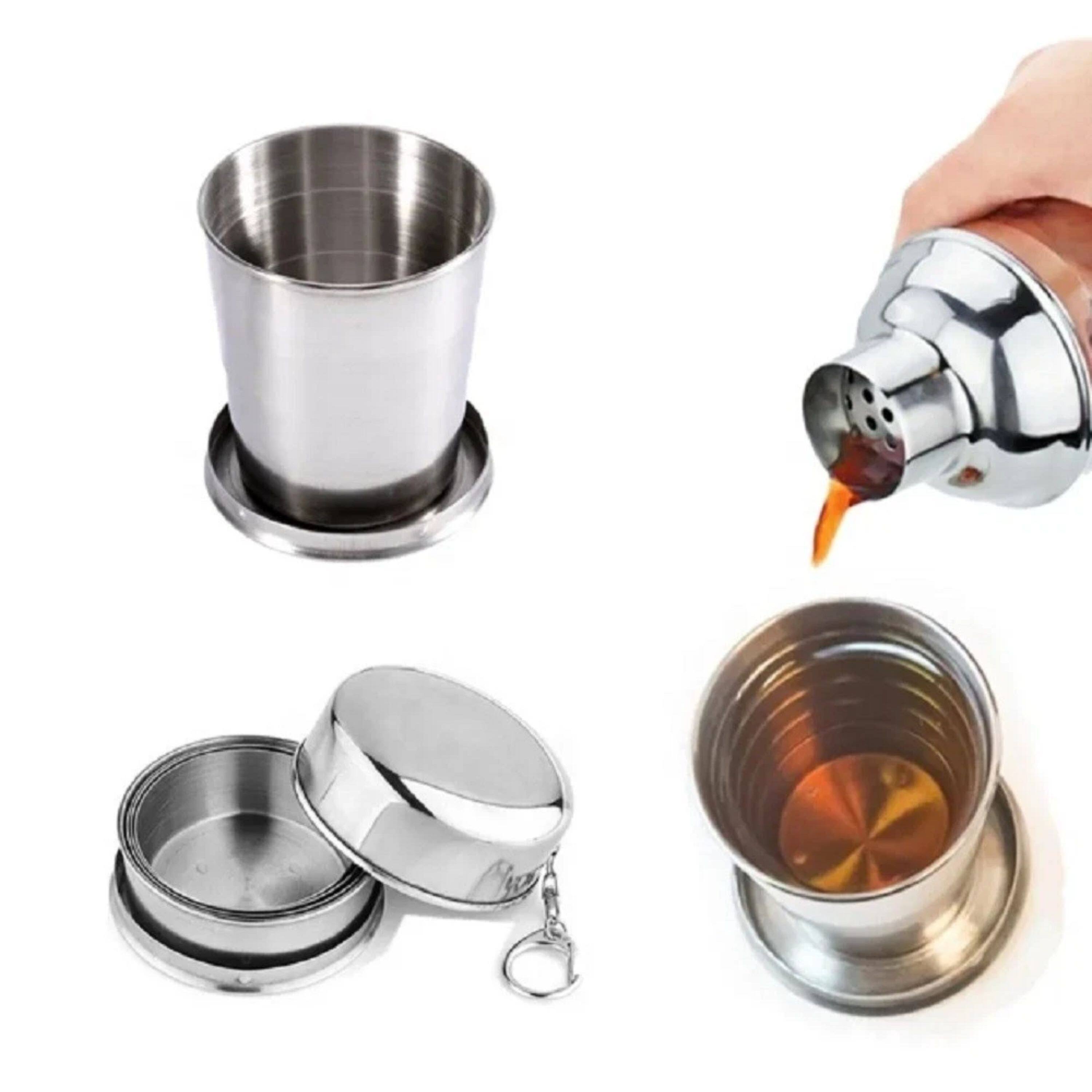 Left. Kitcheniva - Stainless Steel Retractable Camping Mug With Lid - Silver.