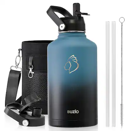 Front. Buzio - Duet Series - 64oz Insulated Water Bottle with Straw Lid and Spout Lid & Carrying Sleeve - Indigo Crush.