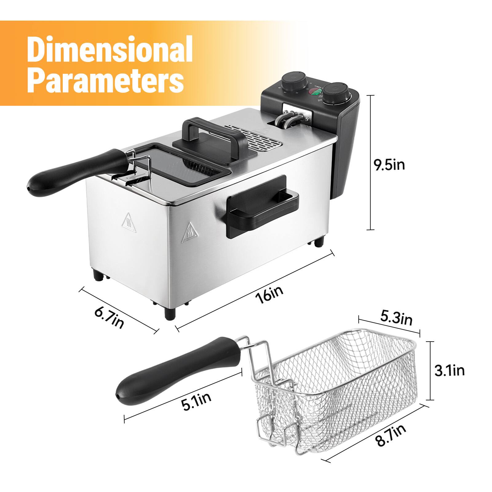 Dimensional Parameters

- Height: 9.5in
- Width: 16in
- Depth: 6.7in
- Bread Pan Width: 5.3in
- Bread Pan Depth: 3.1in
- Crumb Tray Width: 8.7in
- Crumb Tray Depth: 5.1in