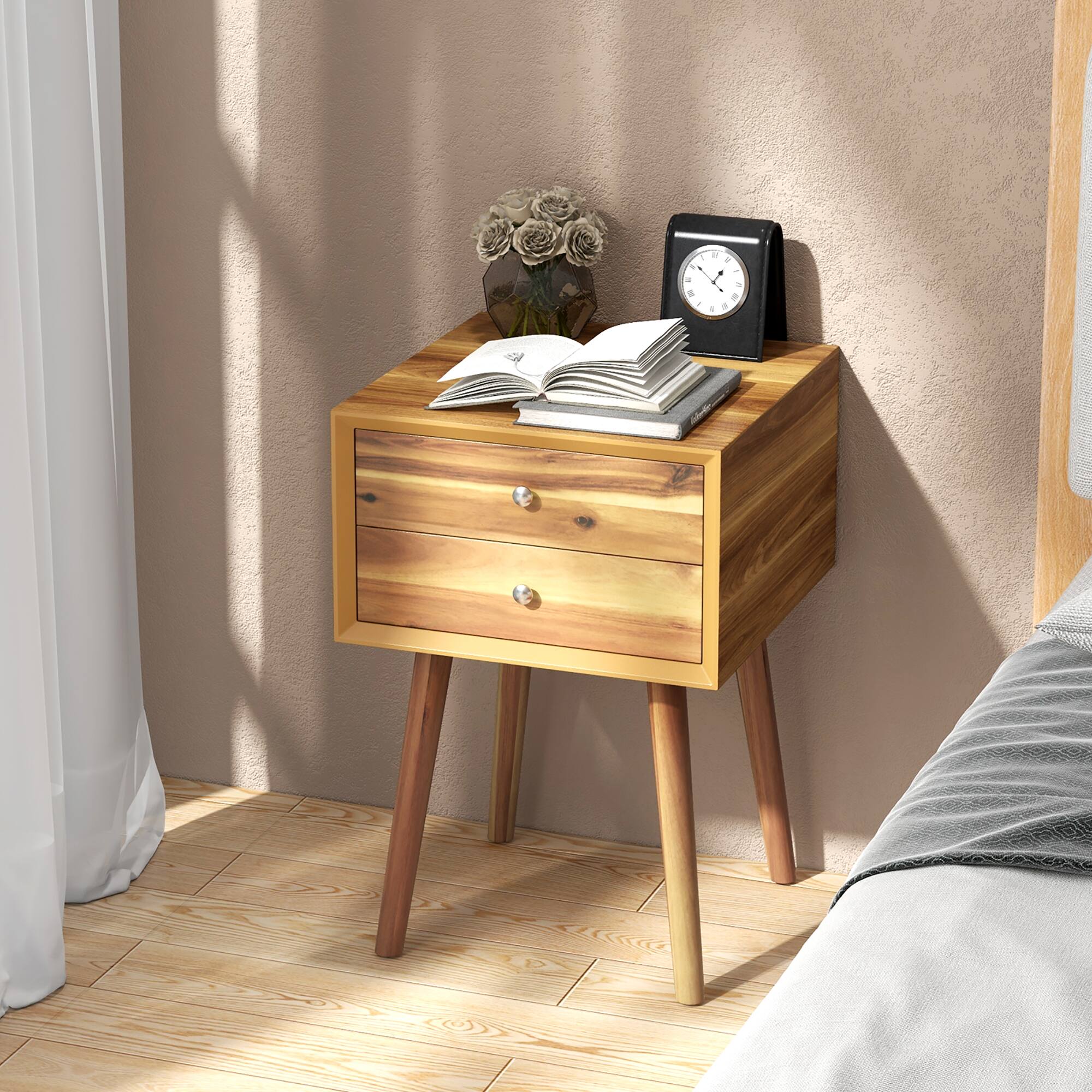Alt View 1. Gymax - Gymax 2-Drawer Nightstand Mid-century Modern Bed Side Table w/ Storage Multipurpose End Table Brown - Brown.