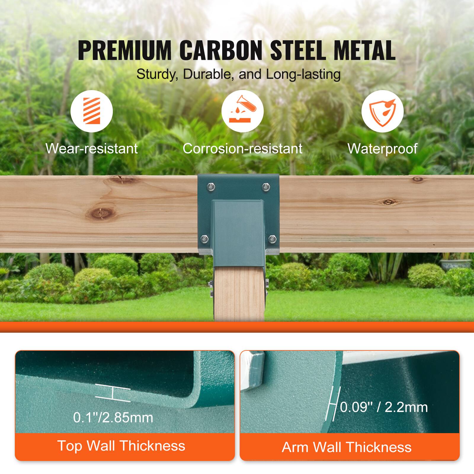 PREMIUM CARBON STEEL METAL  
Sturdy, Durable, and Long-lasting  

- Wear-resistant  
- Corrosion-resistant  
- Waterproof  

Top Wall Thickness: 0.1"/2.85mm  
Arm Wall Thickness: 0.09"/2.2mm