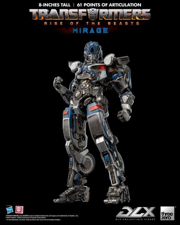 8 inches tall | 61 points of articulation  
Transformers: Rise of the Beasts  
Mirage  
Dlx Collectible Figure  
three zero