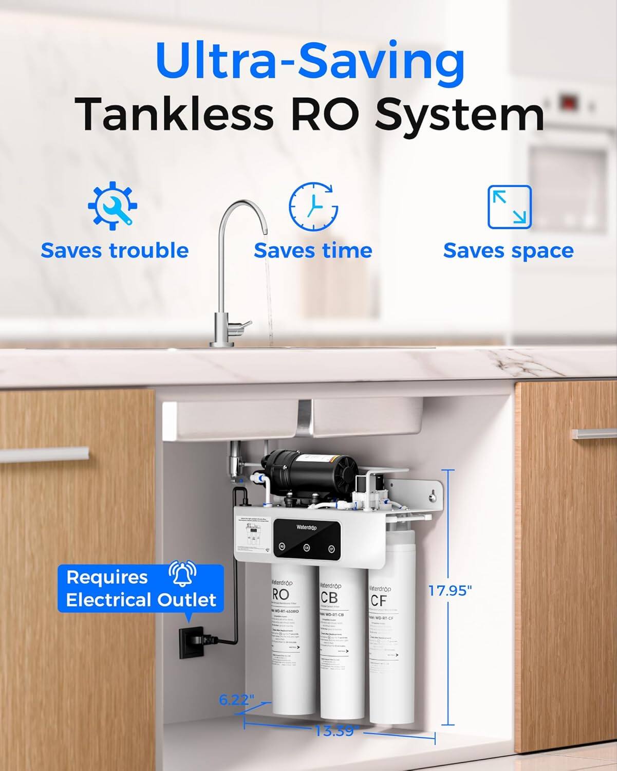 Ultra-Saving Tankless RO System

- Saves trouble
- Saves time
- Saves space

Requires Electrical Outlet

- 17.95" (height)
- 13.39" (width)
- 6.22" (depth)

Merdrop RO
- ReOrD CB RUT-C
- Reerdron CF