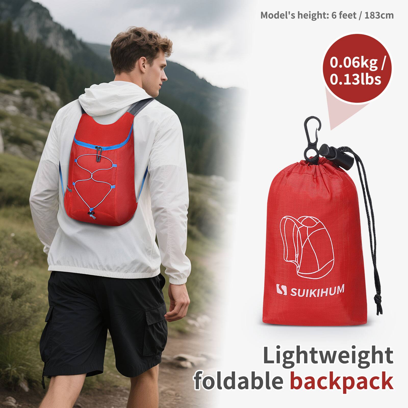 Model's height: 6 feet / 183cm

0.06kg / 0.13lbs

Lightweight foldable backpack

SUIKIHUM