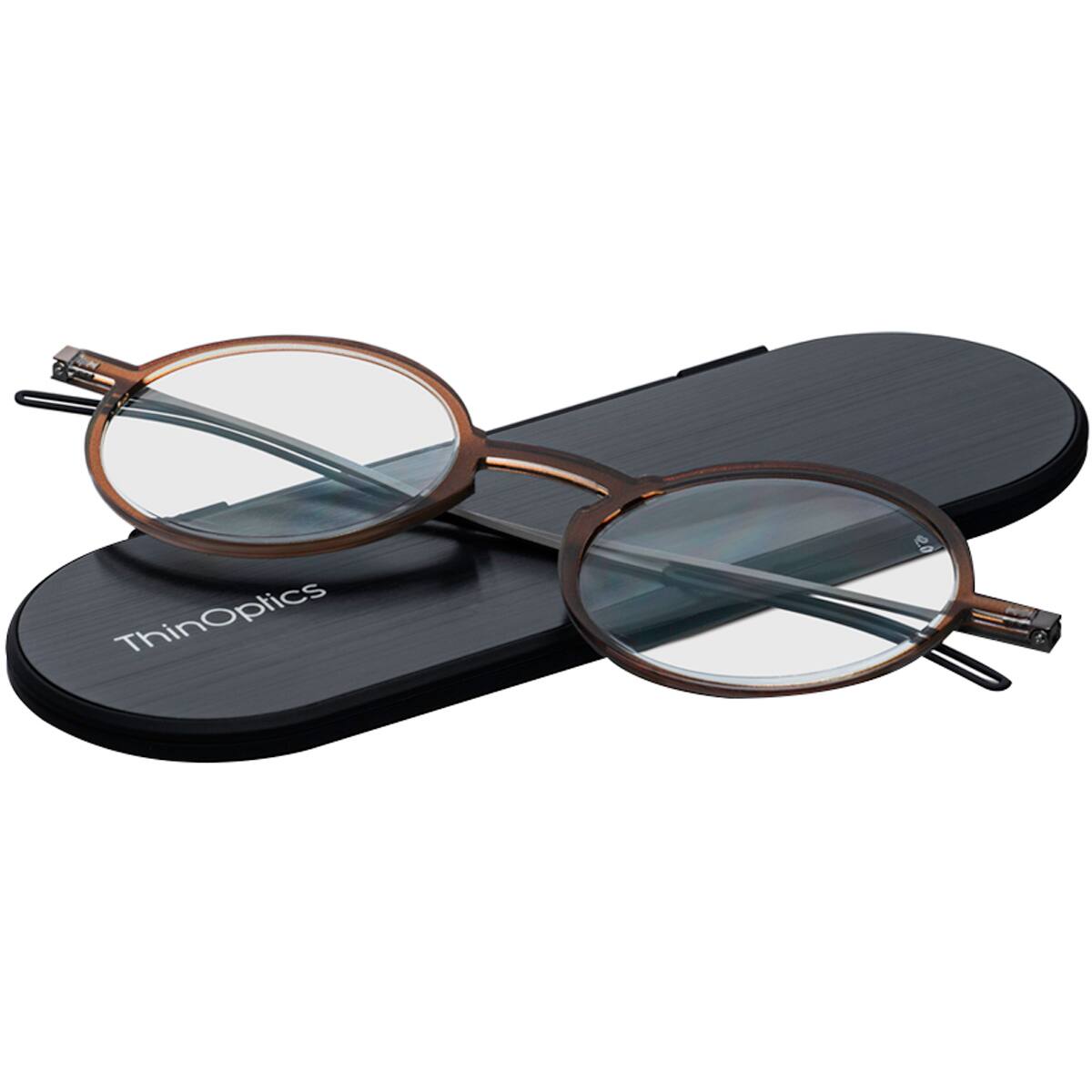 Angle. ThinOptics - Manhattan 1.5 Strength Reading Glasses with Milano Case - Brown.