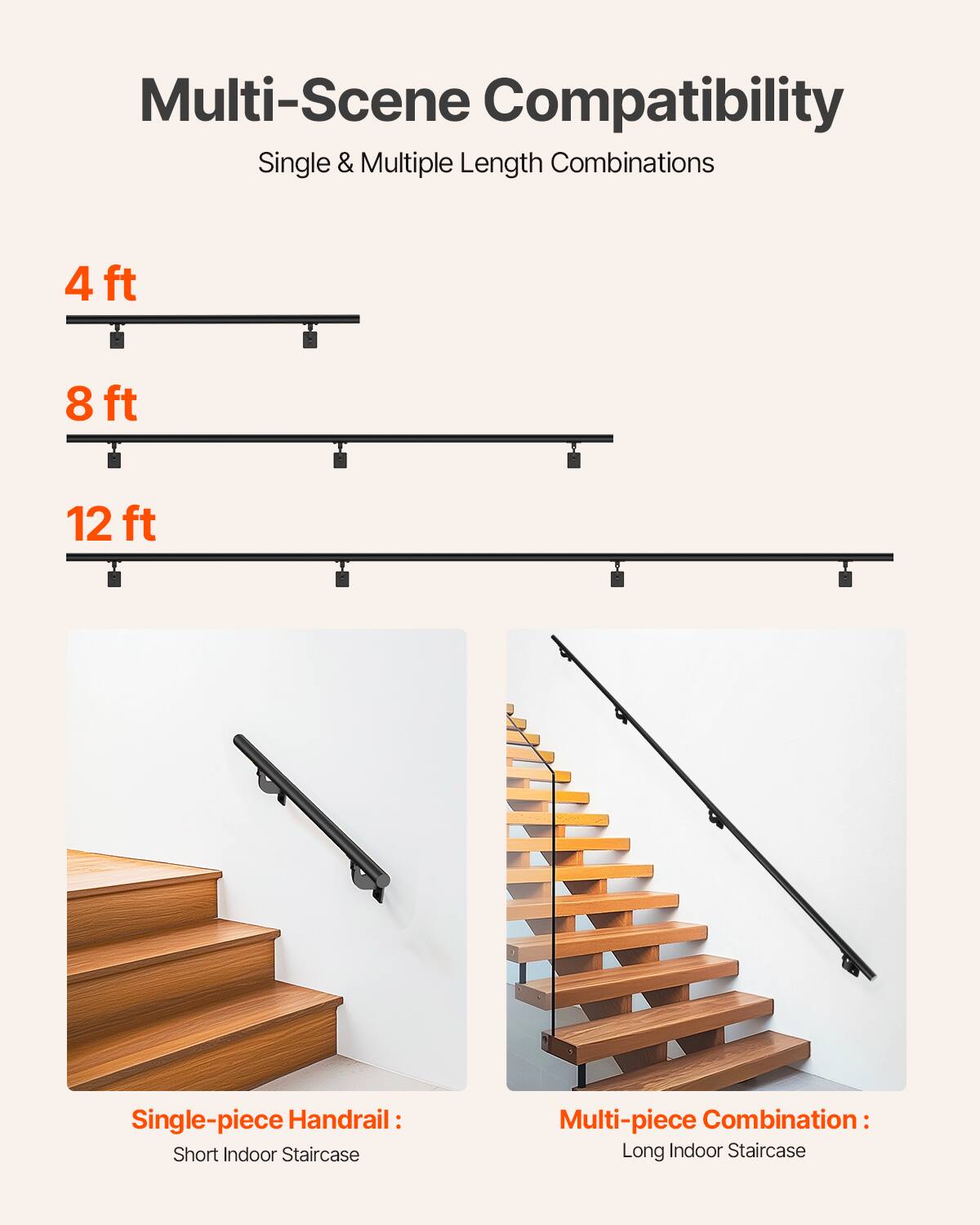 Multi-Scene Compatibility  
Single & Multiple Length Combinations  

4 ft  
8 ft  
12 ft  

Single-piece Handrail:  
Short Indoor Staircase  

Multi-piece Combination:  
Long Indoor Staircase