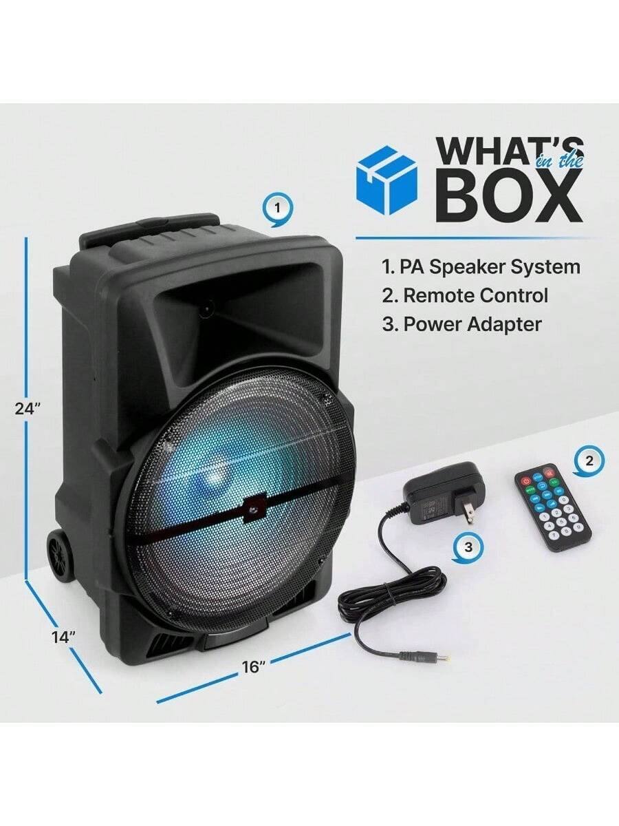 1. PA Speaker System  
2. Remote Control  
3. Power Adapter  

Dimensions:  
- 24"  
- 14"  
- 16"