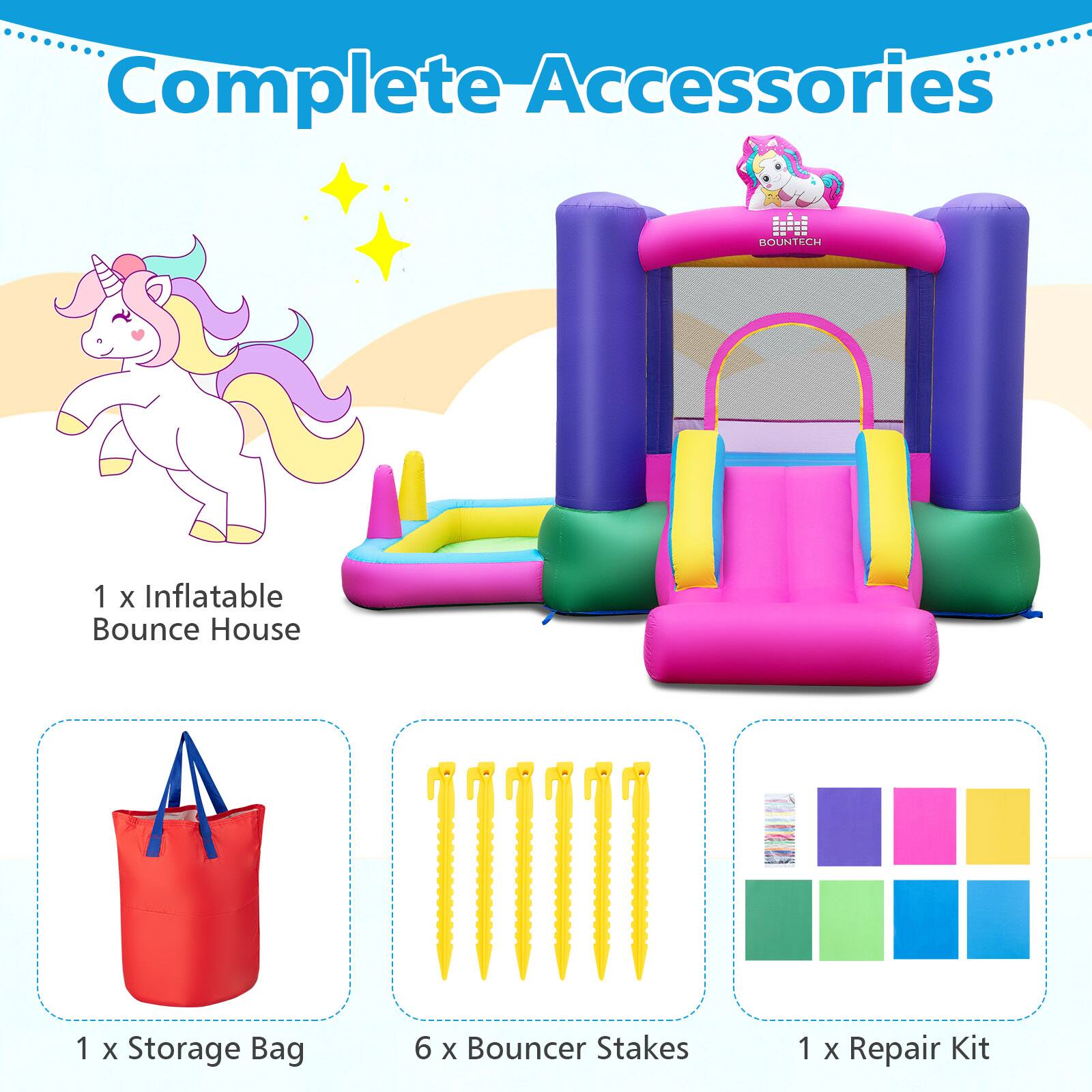 Complete Accessories - BOUNTECH  
1 x Inflatable Bounce House  
1 x Storage Bag  
6 x Bouncer Stakes  
1 x Repair Kit
