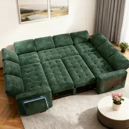 Vipbear - 8 Seat U Shaped Modular Chenille Fabric Sofa with Pull Out Bed/Reclining Backrest/USB Ports/Table/LED Light/Storage Seat - Green