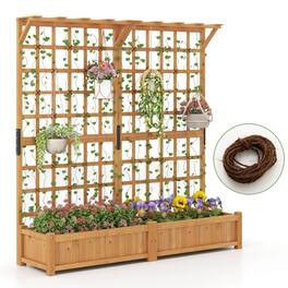 Costway - 71" Large Wooden Planter Container with Trellis, Hanging Roof 4 Drainage Holes - Beige