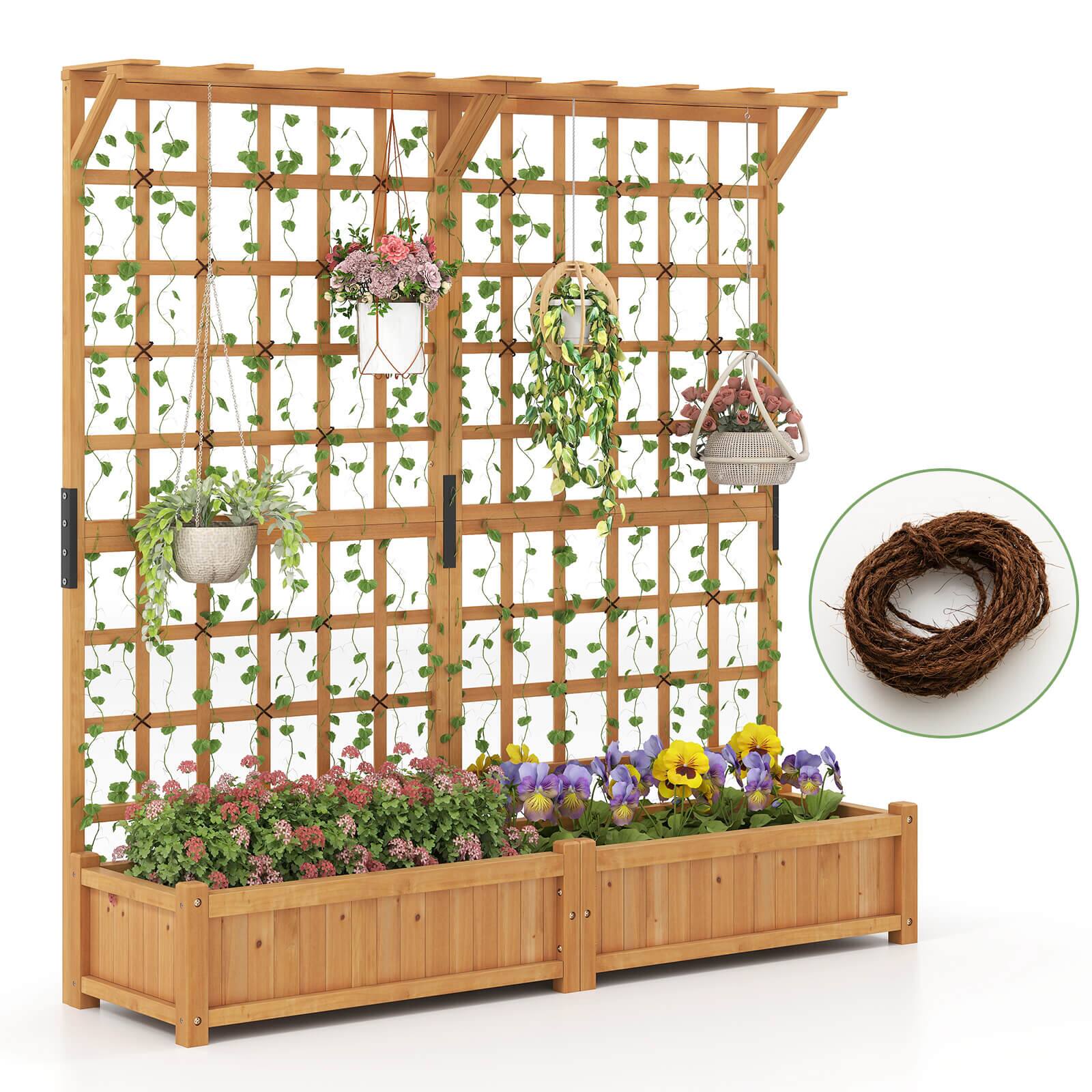 Costway - 71" Large Wooden Planter Container with Trellis, Hanging Roof 4 Drainage Holes - Beige