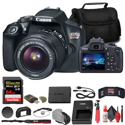 Canon EOS Rebel T6
EF-S Lens 18-55mm Zoom 1:3.5-5.6 IS II
SanDisk Extreme PRO 170 MB/s V30 64 GB
Canon ULTIMA
Canon Charger
Canon Lens Hood
Canon Strap
Canon Lens Cap
Canon USB Cable
Canon Cleaning Kit
Canon Camera Bag
Canon Remote Control
Canon Lens Cleaning Spray
Canon Lens Cleaning Cloth