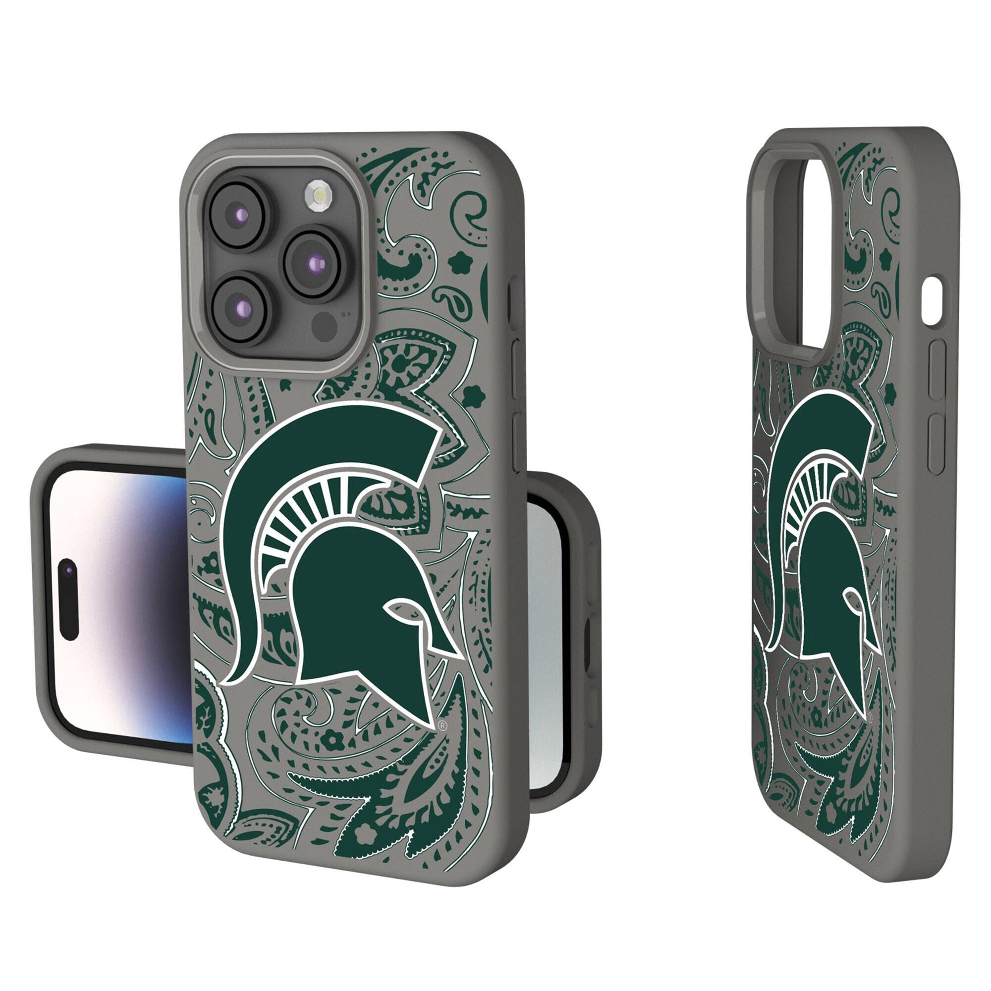 Front. Keyscaper - Michigan State Spartans Paisley iPhone Soft Touch Case - 14 Pro - Gray.