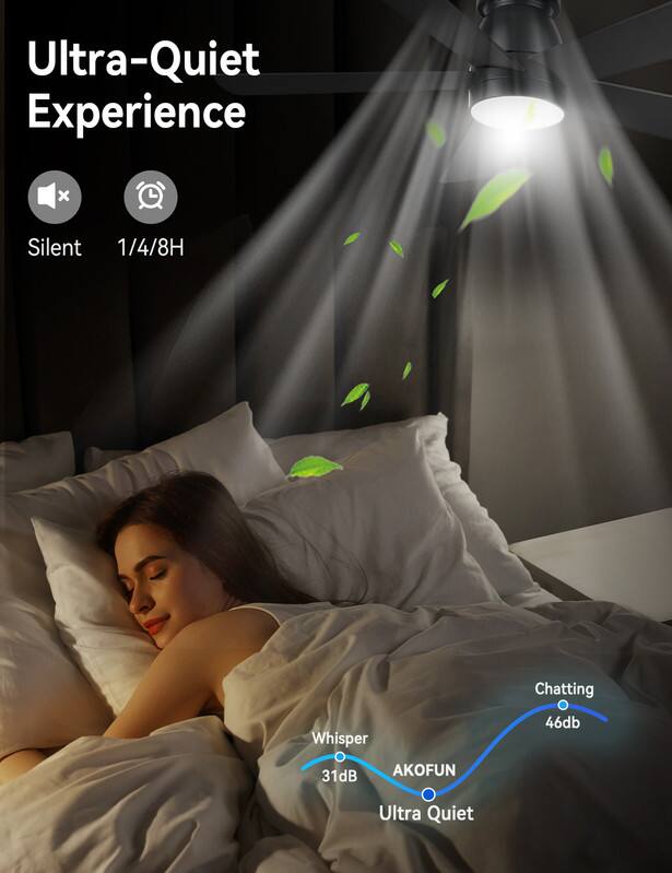 Ultra-Quiet Experience  
Silent 1/4/8H  
Chatting Whisper 46dB 31dB AKOFUN Ultra Quiet