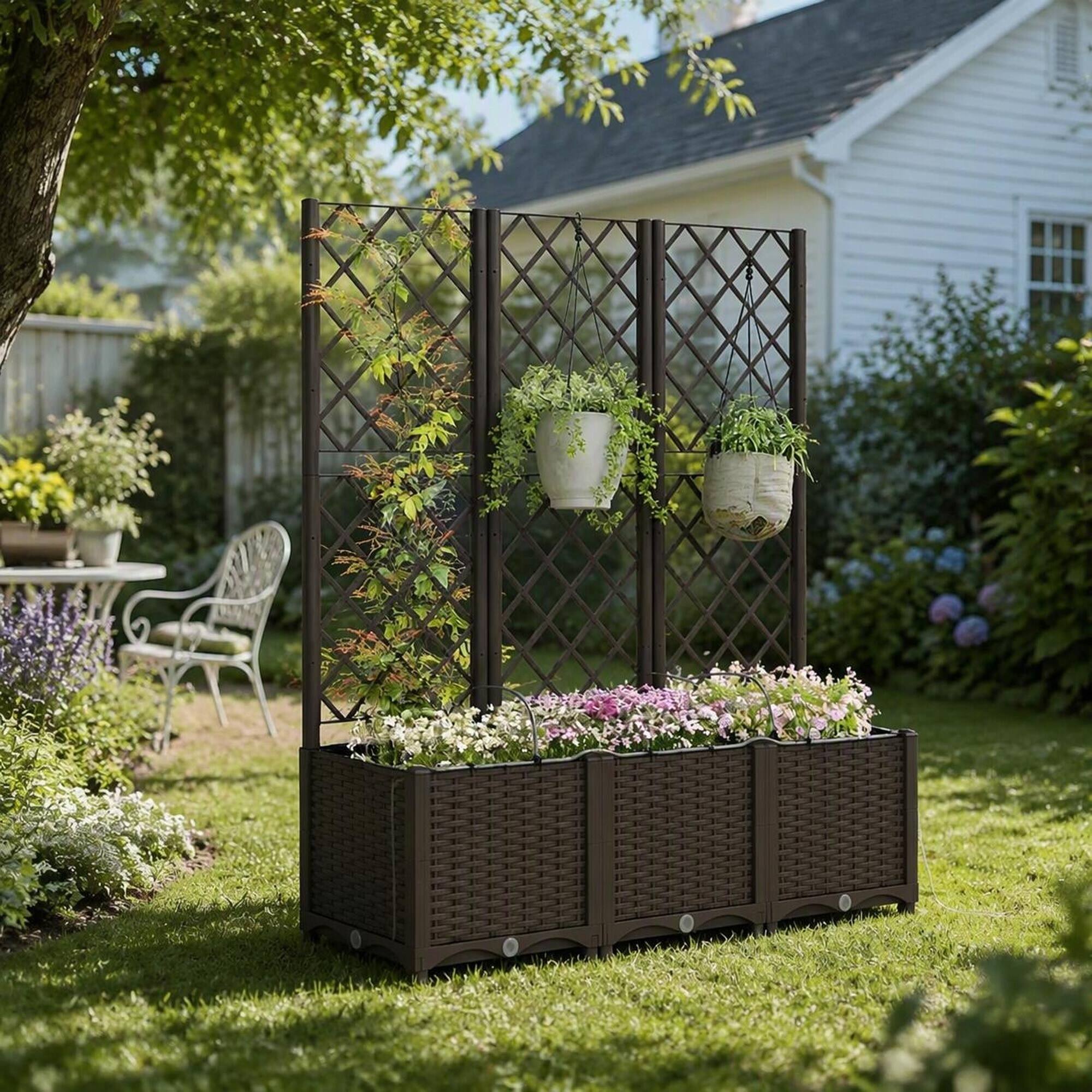 Alt View 2. RYHNUYNE - Self-Watering Raised Garden Bed with Trellis, 3-Tier Modular Planter Box in Brown PP, 47.2x15.7x53.5 Inches - Brown.