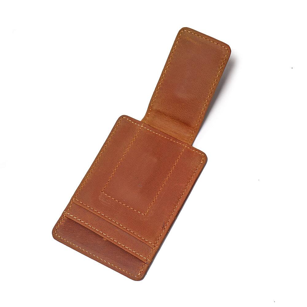 Angle. Steel Horse Leather - The Walden | Leather Front Pocket Clip Wallet - Dark Brown.