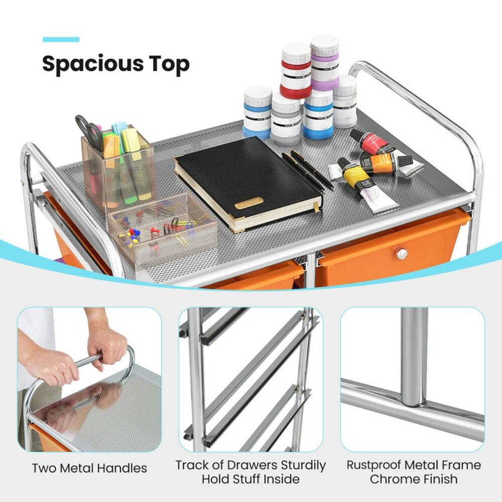 Spacious Top  
Two Metal Handles  
Track of Drawers Sturdily Hold Stuff Inside  
Rustproof Metal Frame Chrome Finish