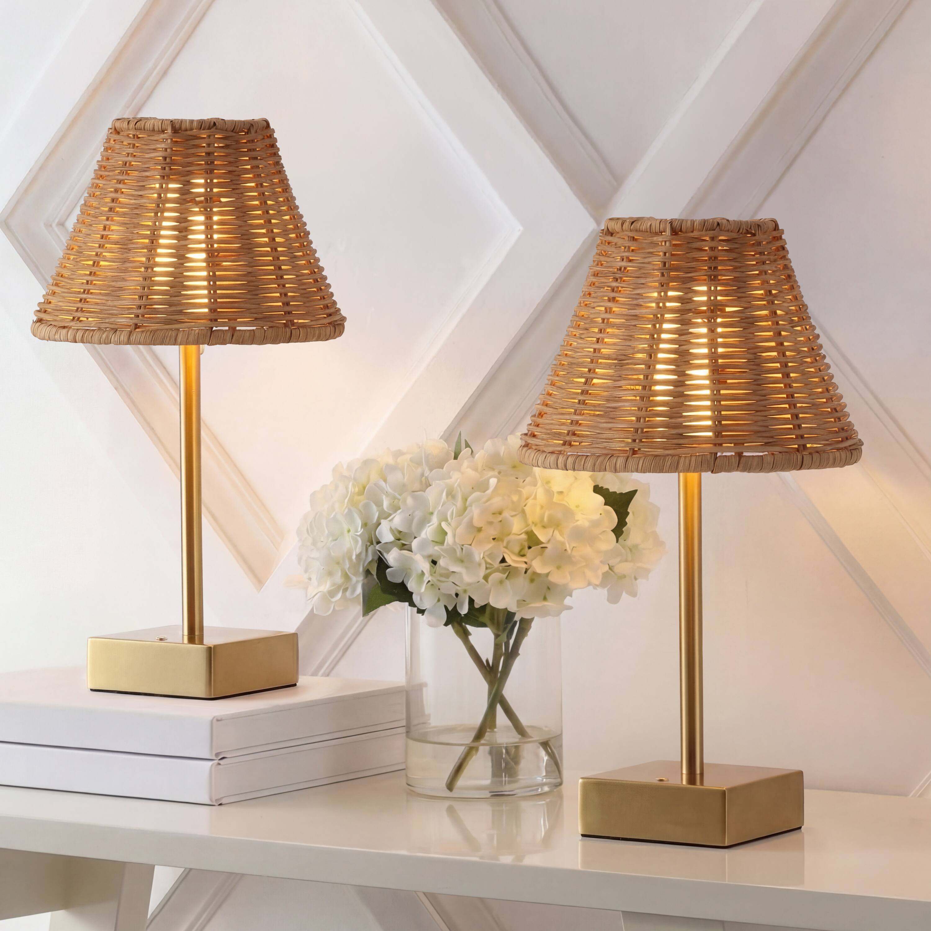 Alt View 1. Jonathan Y - Chester 11.25" Rechargeable Table Lamp Set of 2, Bohemian Brass Gold with Brown Rattan Shade, Touch Dimmable for Bedroom - Brass Gold.