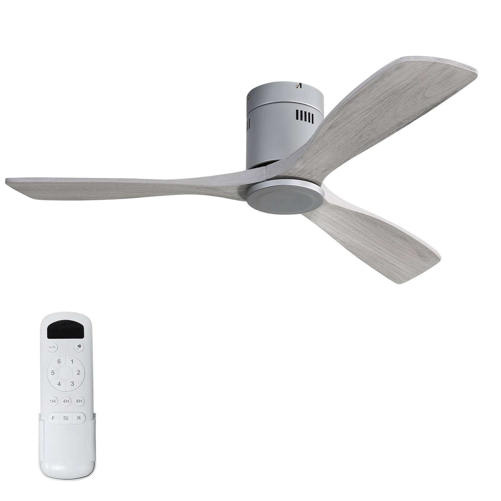 Angle. Sofucor - 52'' Grey Ceiling Fan Modern Flush Mount Ceiling Fan No Light with Remote 3 Wood Blades for Bedroom/Farmhouse/Patio - Silver.