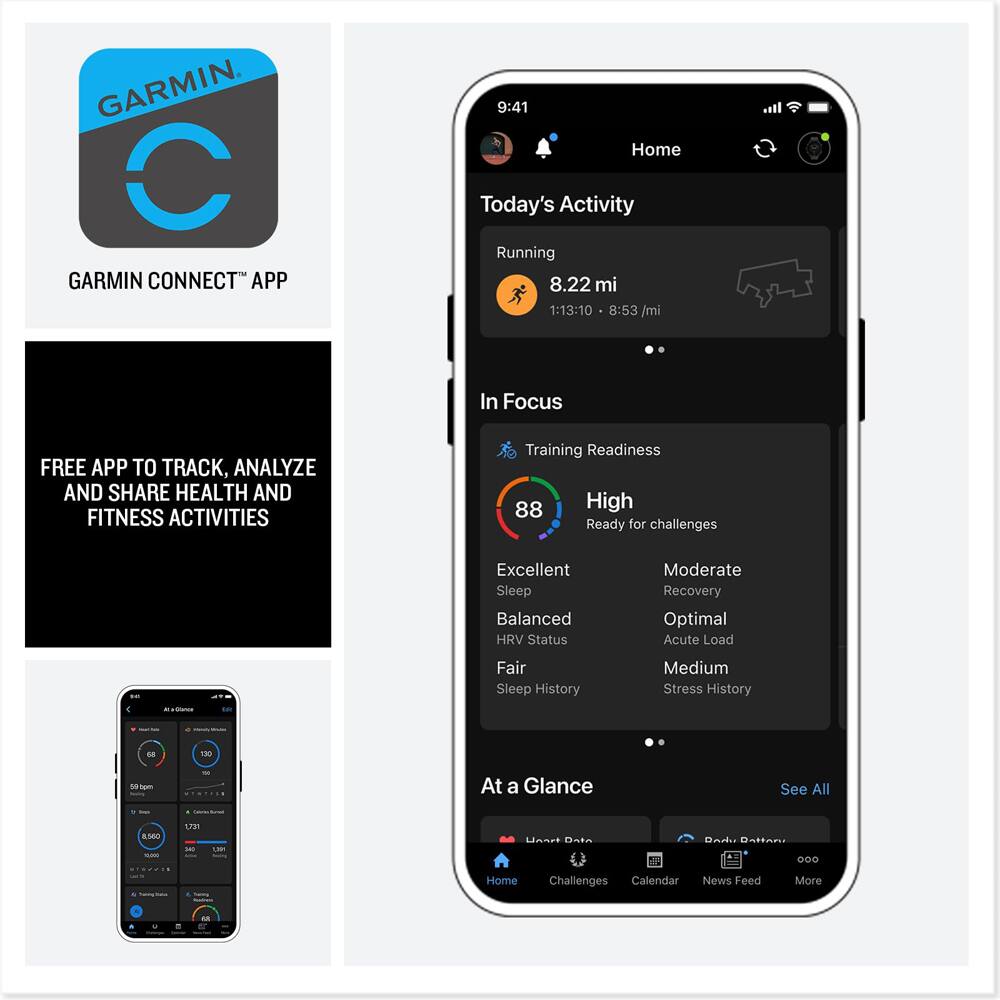 **GARMIN CONNECT™ APP**

**FREE APP TO TRACK, ANALYZE AND SHARE HEALTH AND FITNESS ACTIVITIES**

---

**Today's Activity**

- Running
  - 8.22 mi
  - 1:13:10
  - 8:53 /mi

**In Focus**

- Training Readiness: 88 High (Ready for challenges)
- Excellent Sleep
- Balanced HRV Status
- Fair Sleep History
- Moderate Recovery
- Optimal Acute Load
- Medium Stress History

**At a Glance**

- See All

---

**Home Challenges Calendar News Feed More**