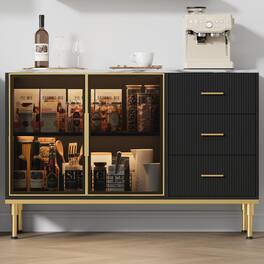 Qeetex - 46.4" Fluted Buffet Sideboard Cabinet with Glass Doors, 3 Drawers & Faux Marble Top for Dining Room - Black