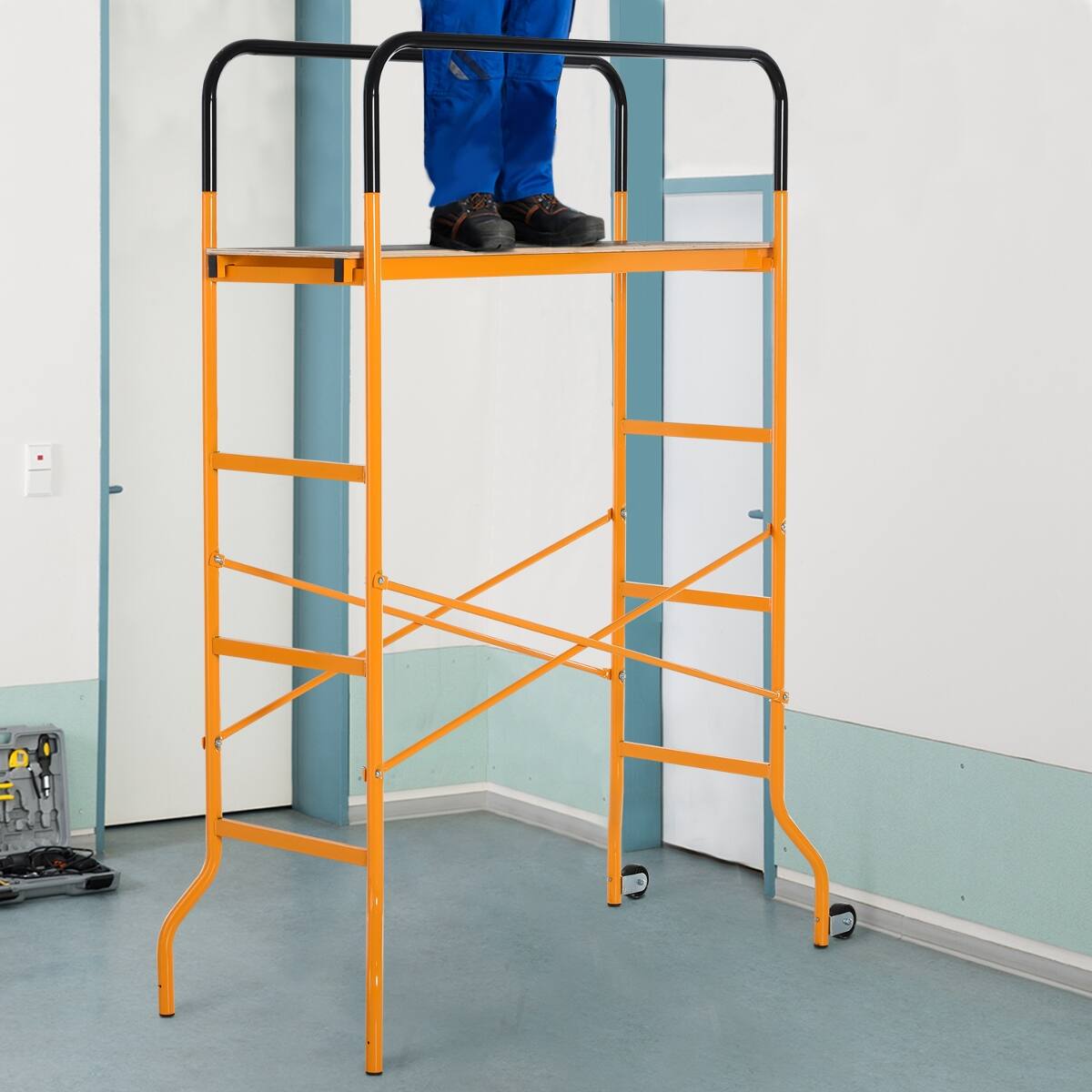 Alt View 4. Ropilly - Ropilly 4 Step Steel Scaffold with Wheels, 440 lb Capacity Indoor Outdoor Work Platform - Black.