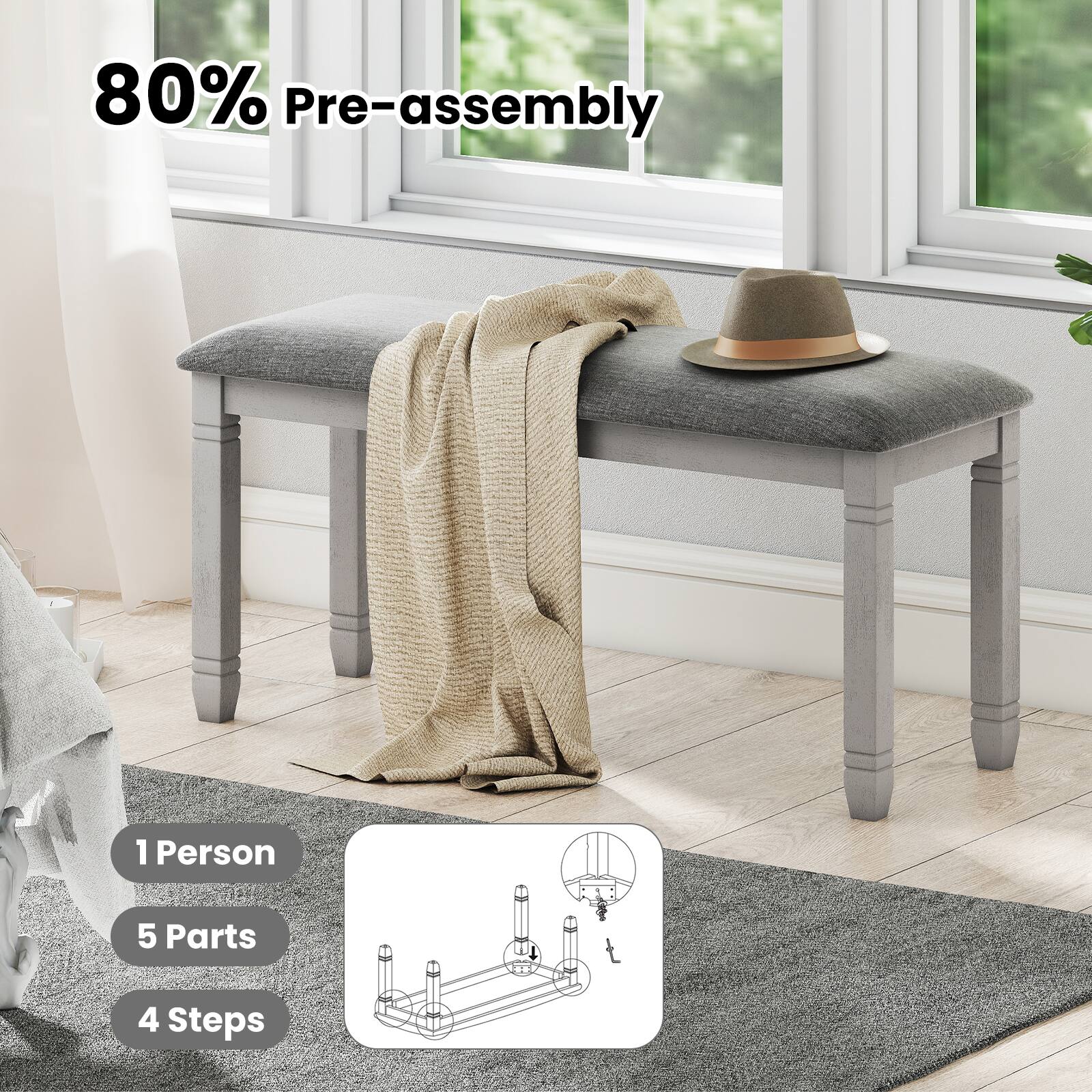 80% Pre-assembly

1 Person

5 Parts

4 Steps