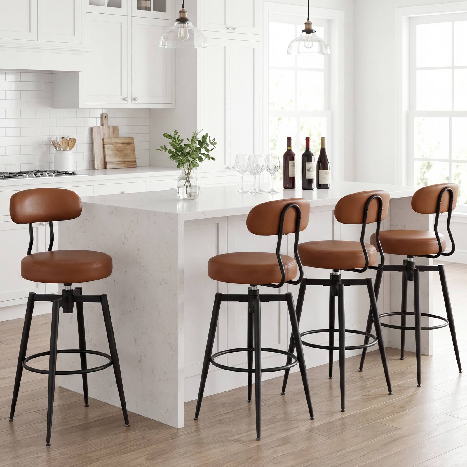 Alt View 1. Costway - Costway Swivel Barstools Set of 4 Faux Leather Bar Height Chairs with Upholstered Seat - Black + Brown.