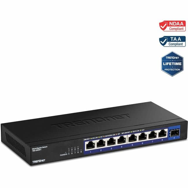 Trendnet - 9-Port Unmanaged 2.5G Switch with 10G SFP+ Port, TEG-S5091, 8 x 2.5GBASE-T Ports, 60Gbps, Wall Mountable - Black