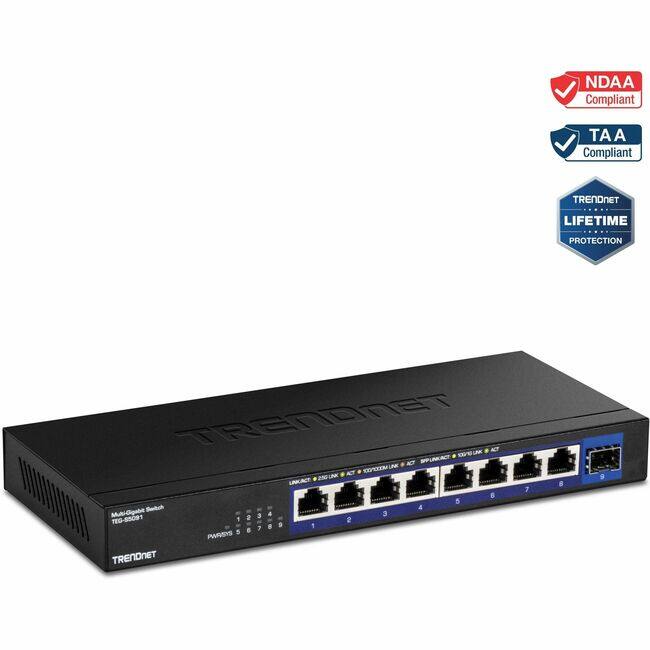 NDAA Compliant  
TAA Compliant  
TRENDNET LIFETIME PROTECTION  

TRENDNET  
Multi-Gigabit Switch  
TEG-55091  

8 PORTS  
100/1000M  
10G SFP+ PORT  

PWRSYS 5