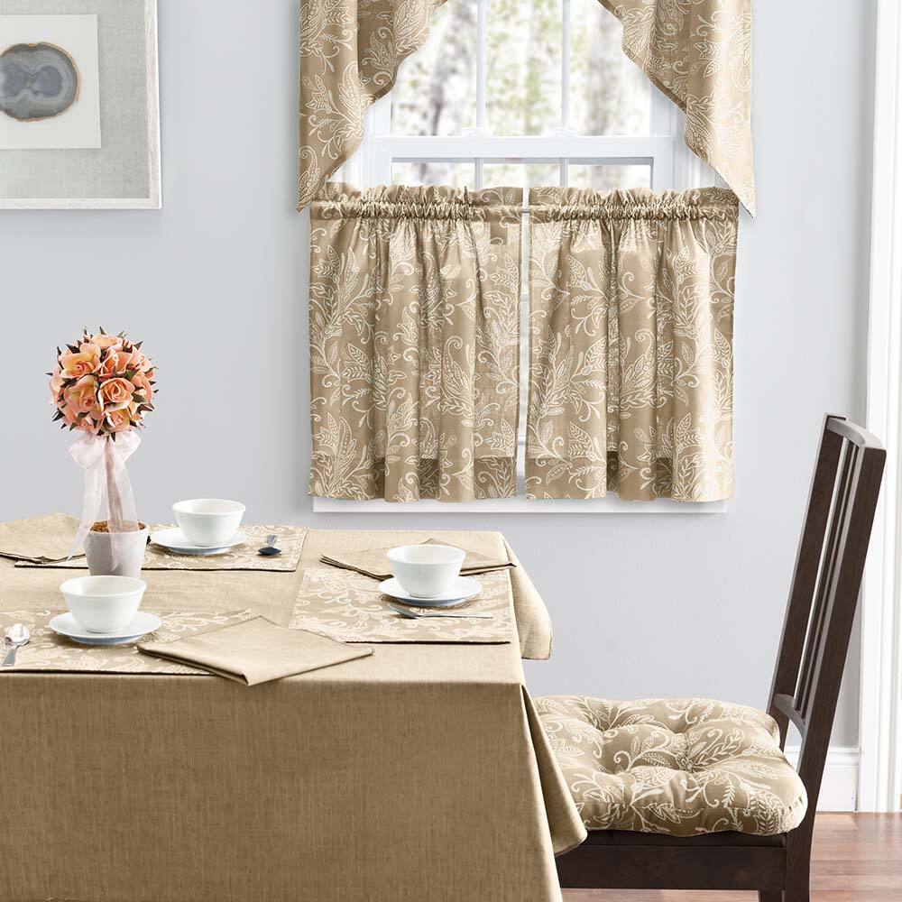Left. Ellis Curtain - Ellis Curtain Lexington Leaf Pattern on Colored Ground Tailored Swags 56"x36" Tan - Tan.